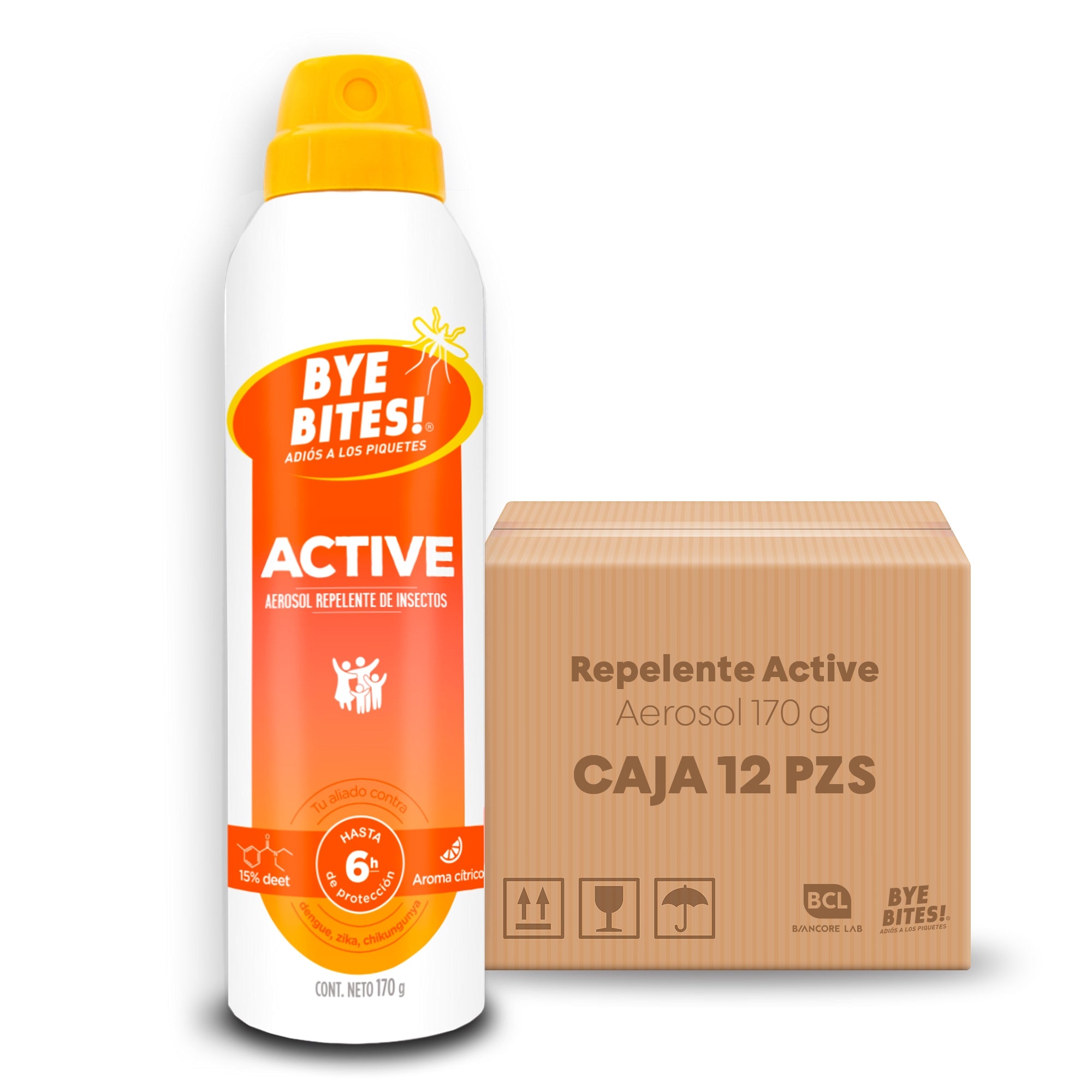 Caja 12 Piezas Repelente de Mosquitos e Insectos en Aerosol Active 170 ml | BYE BITES!