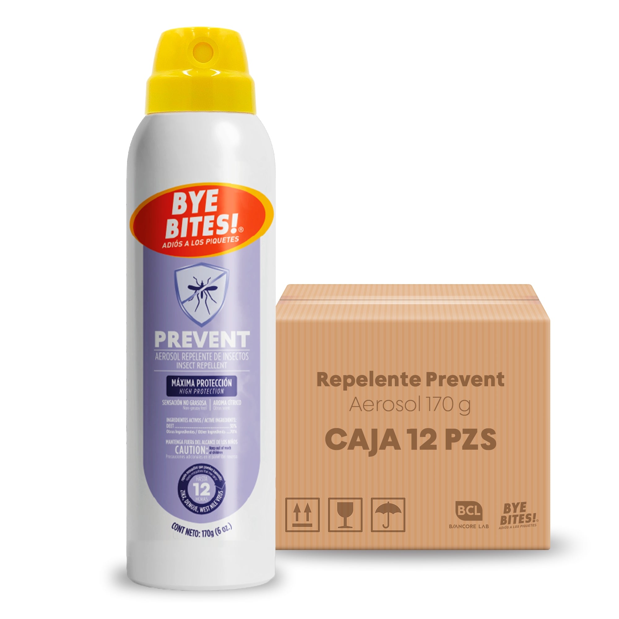 Caja 12 Piezas Repelente de Mosquitos e Insectos Prevent Aerosol 170g - Protección 12 Horas | BYE BITES!