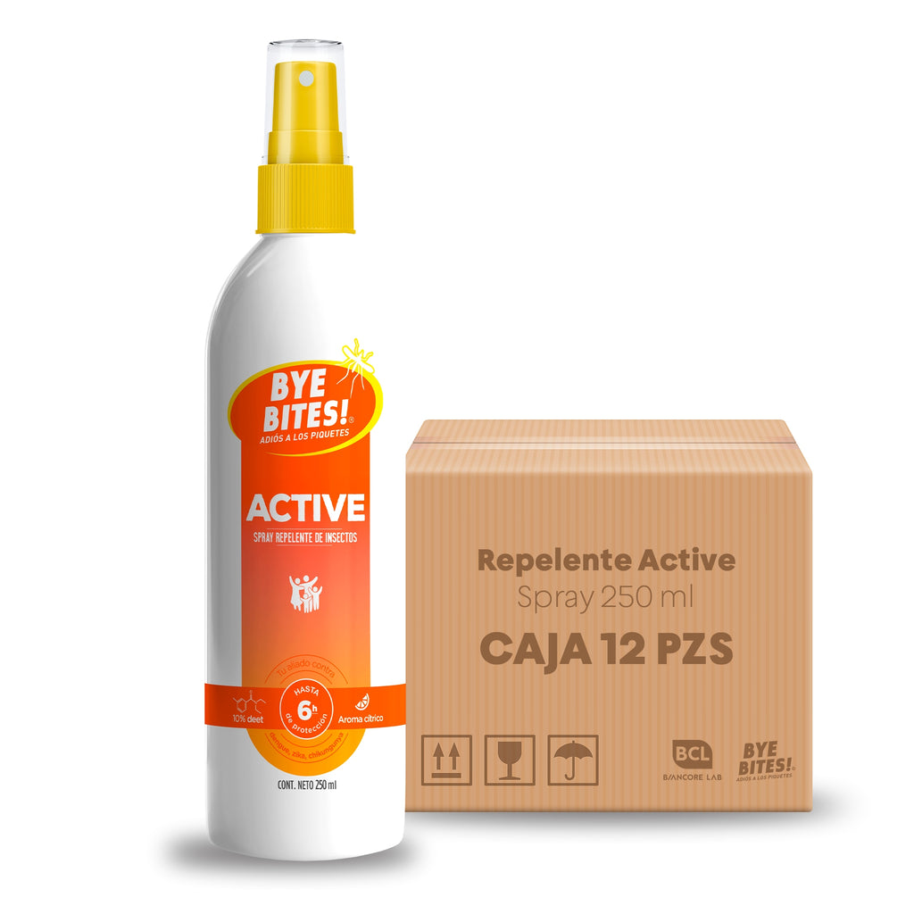 Caja 12 Piezas Spray Repelente de Mosquitos Active 250 ml uso diario | BYE BITES!