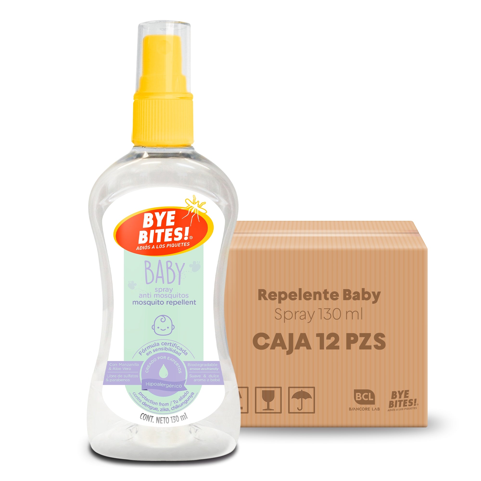 Caja 12 Piezas Spray Repelente de Mosquitos Baby 130 ml | BYE BITES!